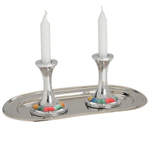 3 Piece Aluminum Candle Holder and Tray Set (Multicolor Base)