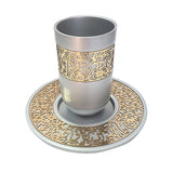 Anodized Kiddush Cup With Tray  - Metal Cutout - SIlver/Gold